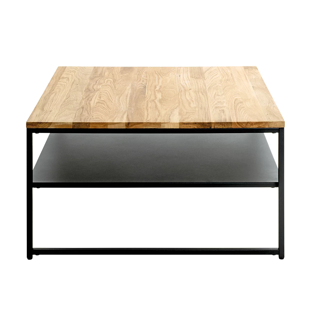 Table basse carrée avec plateau en bois et cadre en métal noir. Dimensions : 70 x 70 x 40 cm.