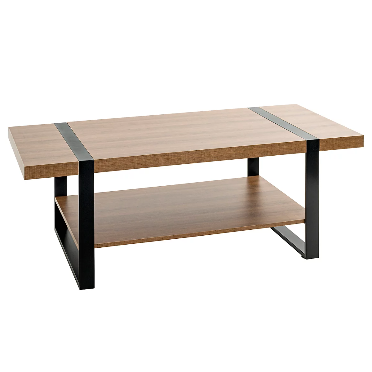 Table basse en bois avec une étagère inférieure et un cadre en métal noir. Il y a deux bandes noires sur le plateau de la table.