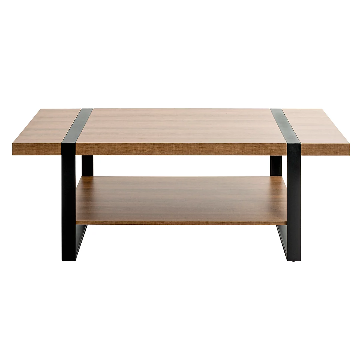 Table basse carrée avec plateau en bois et cadre en métal noir. Deux bandes noires sur le plateau.