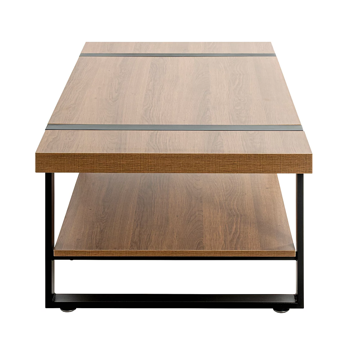 Table basse en bois avec cadre en métal noir et étagère.