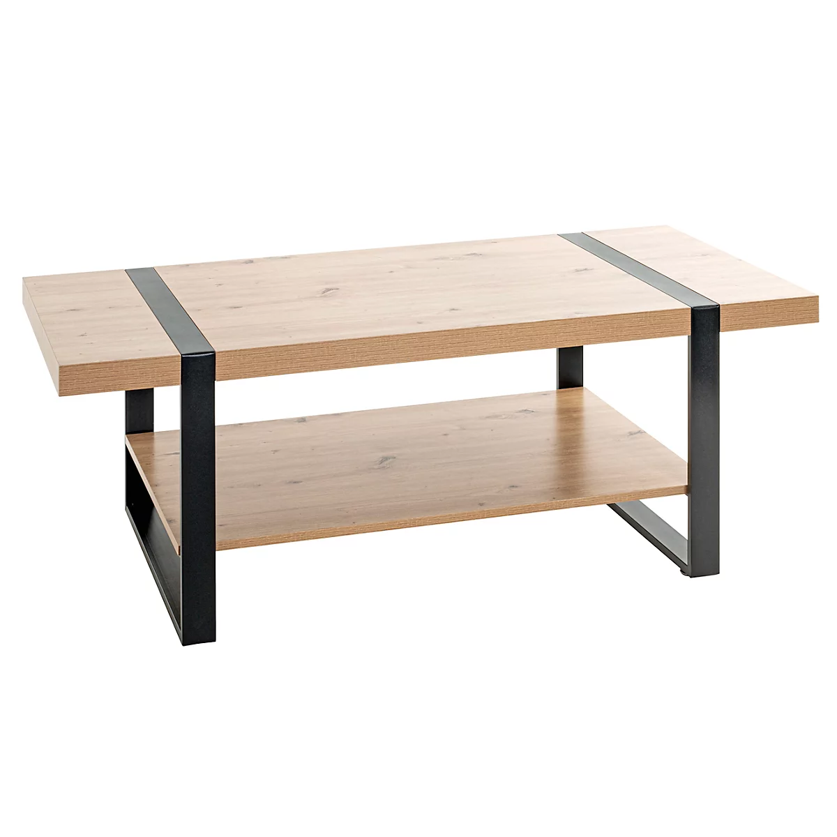Table basse rectangulaire en bois avec cadre en métal noir. Étagère supérieure avec deux bandes décoratives noires.