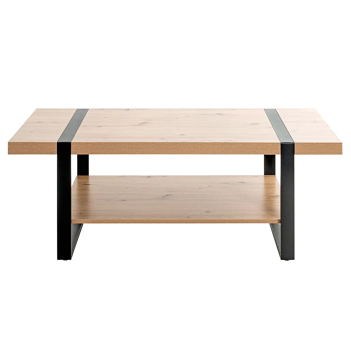 Table basse en bois avec cadre en métal noir et étagère.