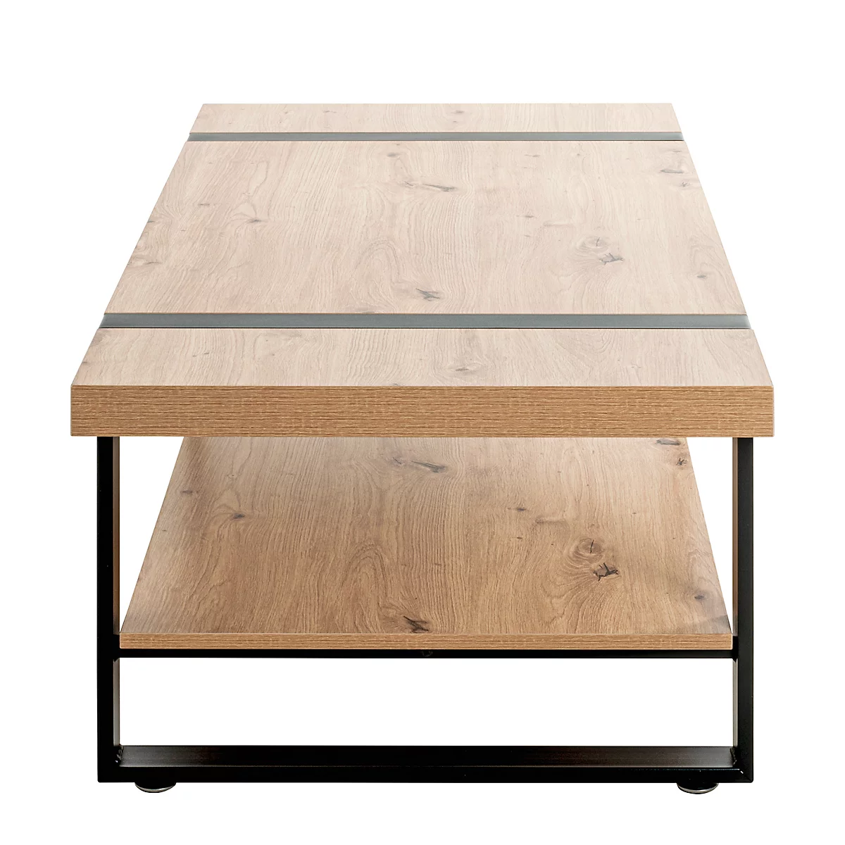 Table basse, bois clair, cadre noir, avec étagère, deux bandes grises.