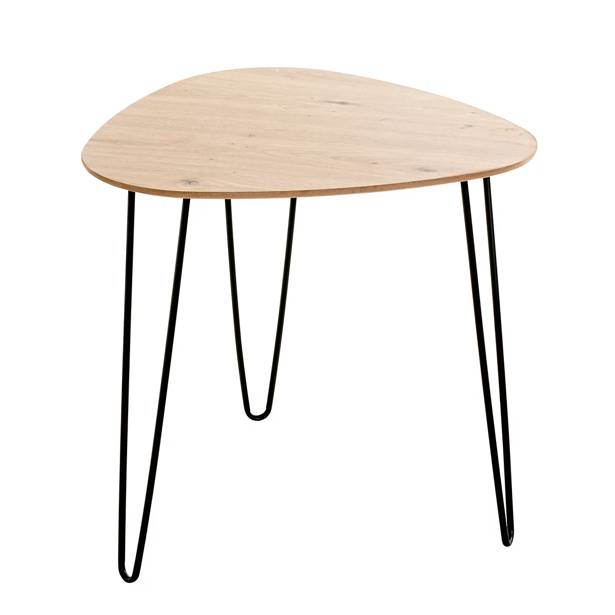 Table d'appoint triangulaire avec plateau en bois et pieds en métal noir.