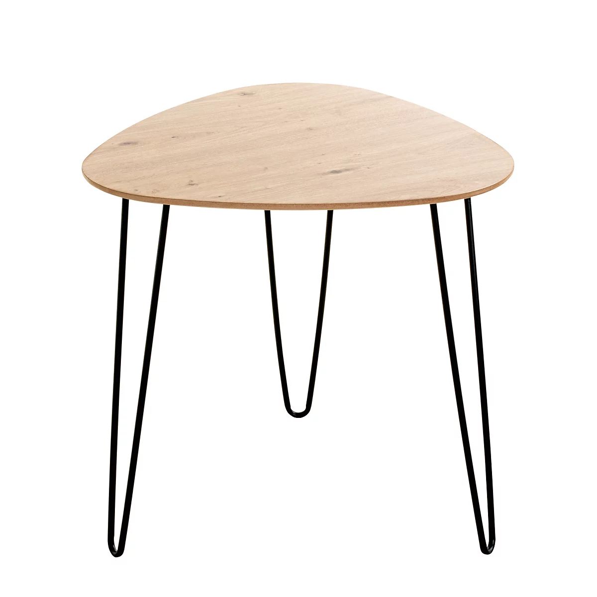 Table triangulaire en bois avec trois pieds noirs en épingle à cheveux.