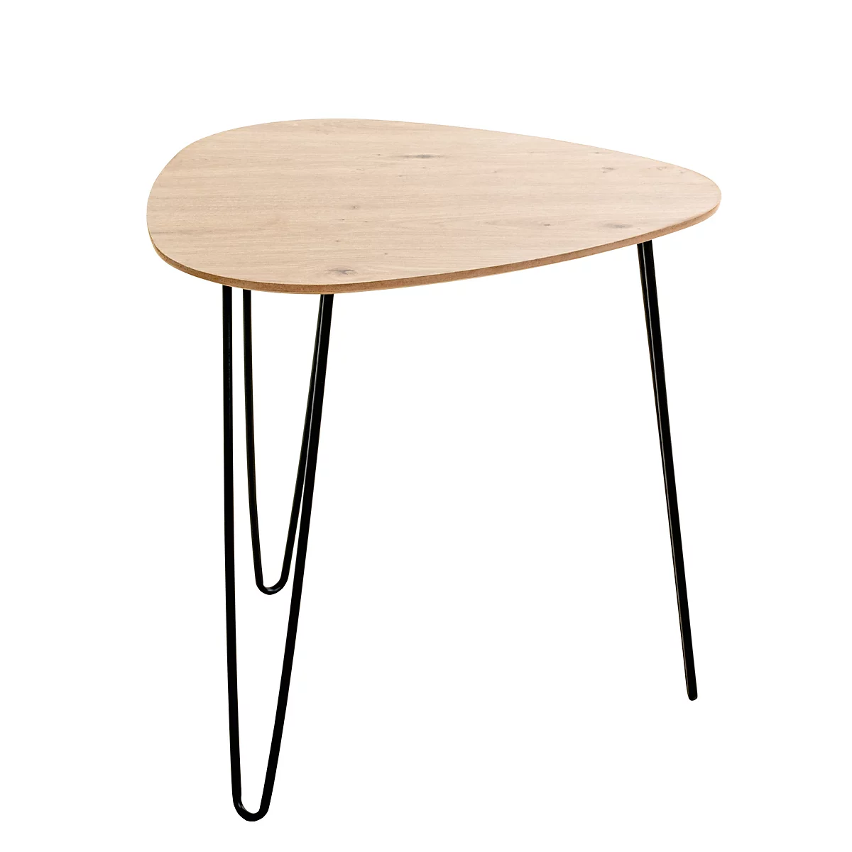 Table d'appoint triangulaire en bois avec pieds en métal noir. Le plateau de la table a un veinage clair.