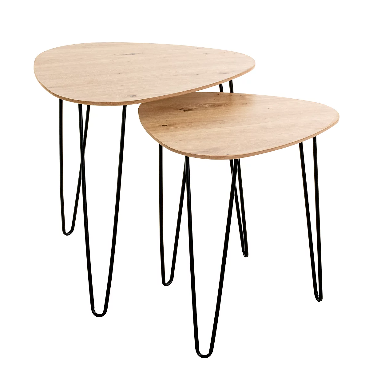 Deux tables ovales en bois clair avec des pieds en métal noirs et fins, gigognes.