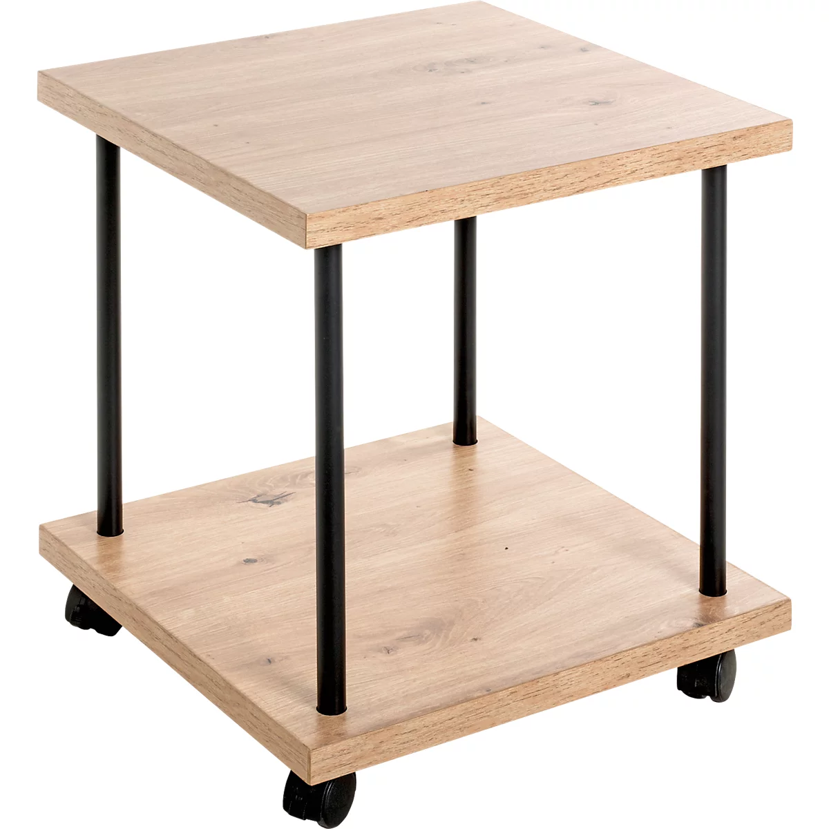 Table d'appoint carrée avec aspect bois et cadre en métal noir. Elle repose sur des roulettes.