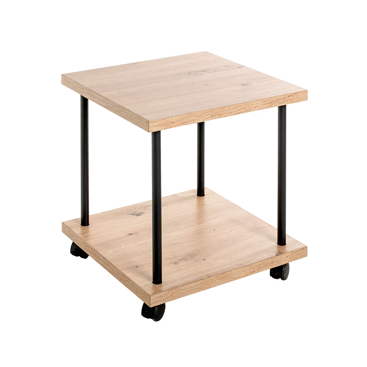 Table d'appoint aspect bois, cadre noir et roulettes. Deux niveaux, carré.