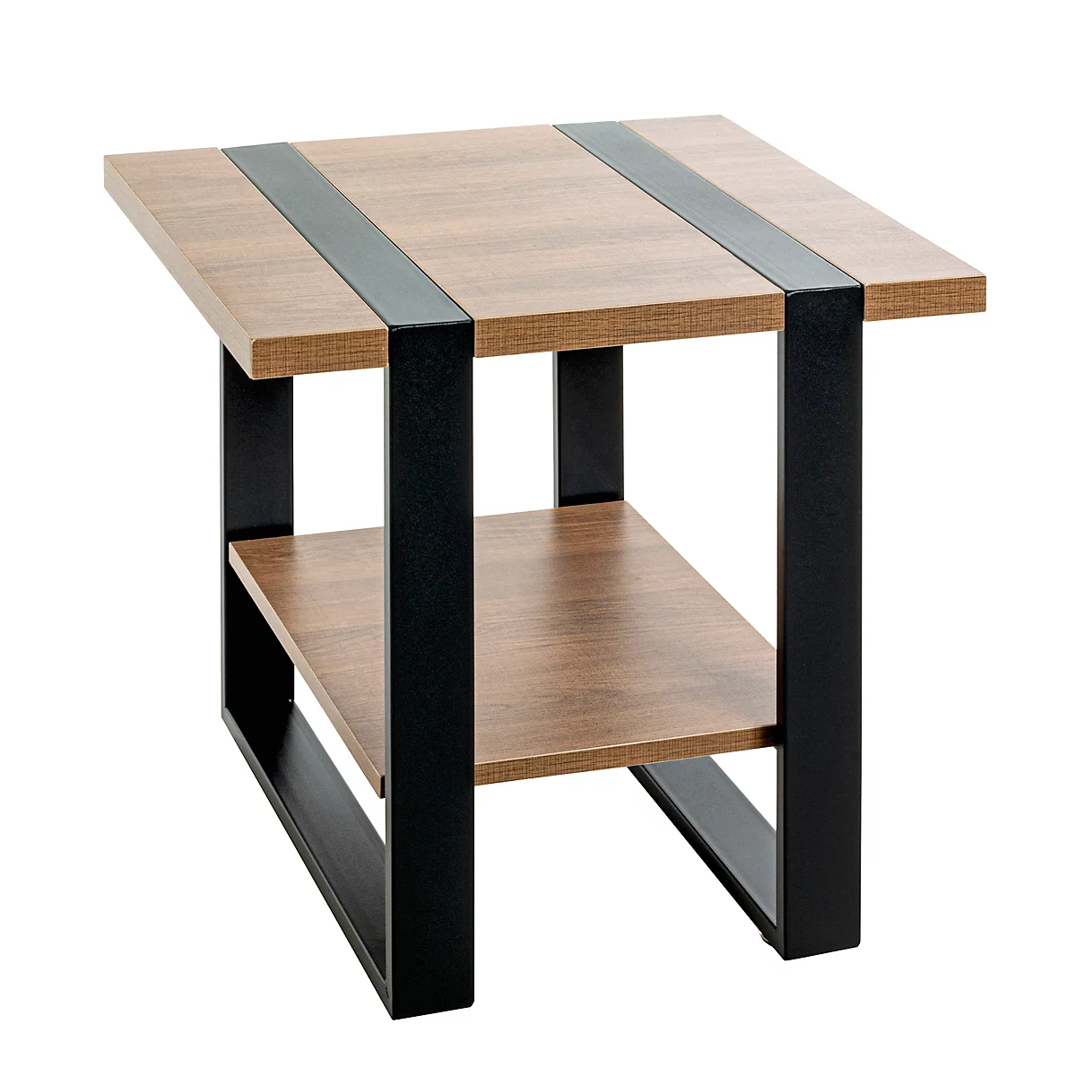 Table basse en bois avec cadre en métal noir. Le plateau de la table comporte deux bandes noires.