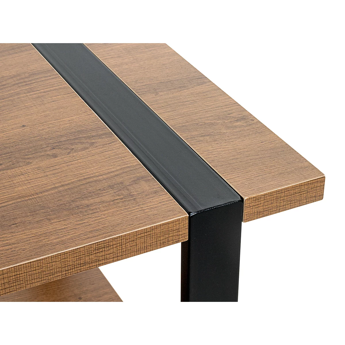 Table d'appoint carrée avec plateau en bois marron et cadre noir. Le plateau de la table comporte deux entretoises noires.