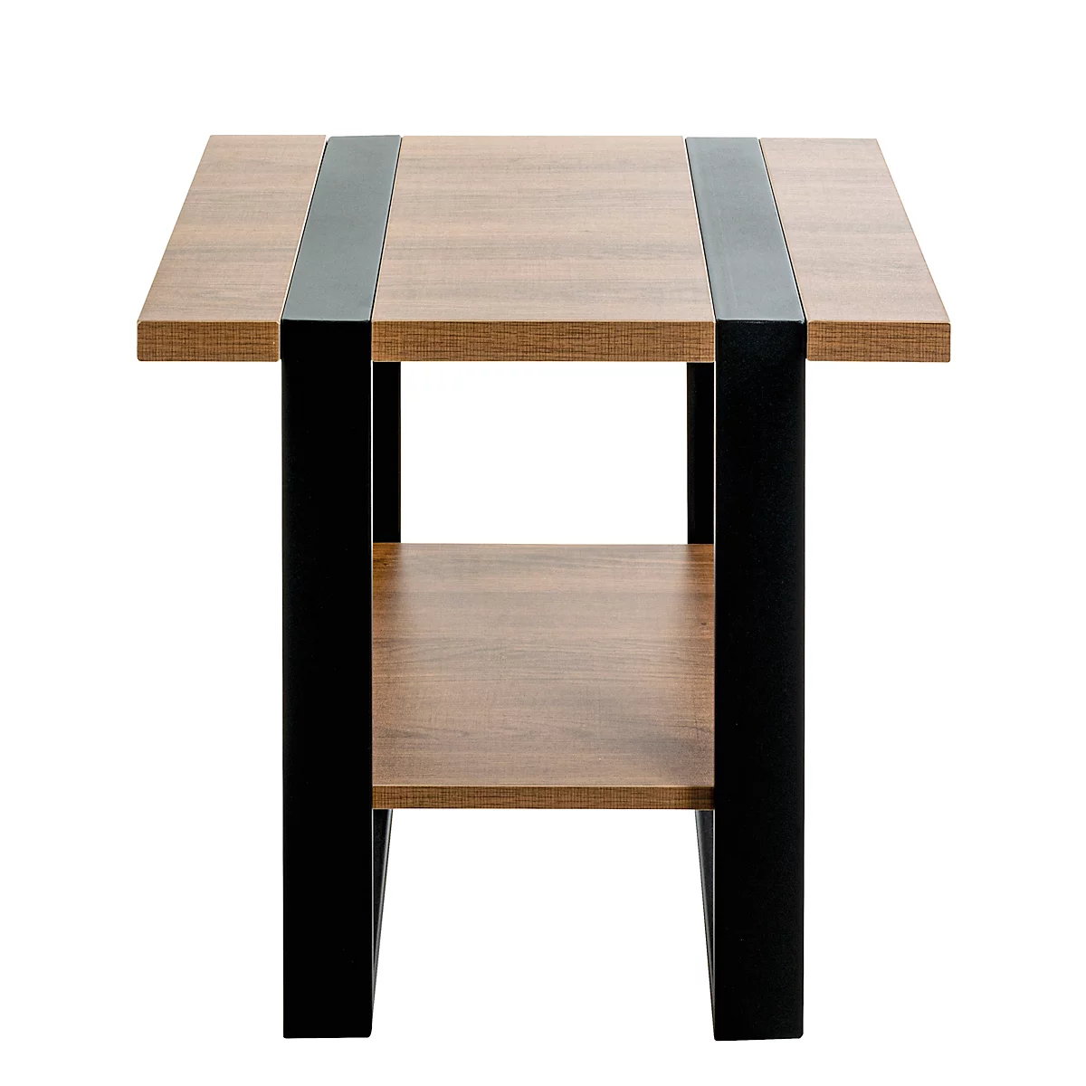 Gros plan d'un bord de table : aspect bois, bande métallique noire au milieu, pied de table noir.