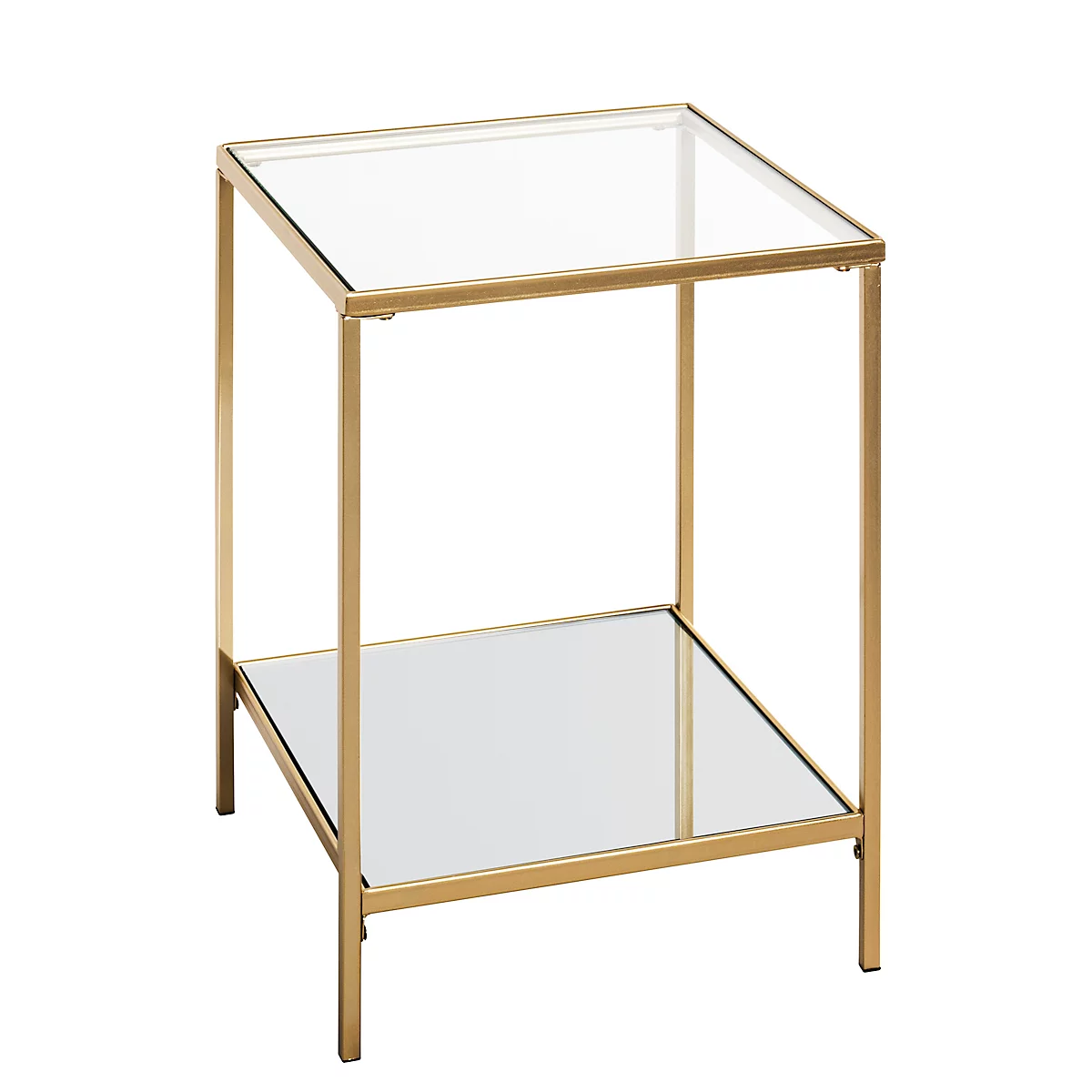 Une table d'appoint carrée avec une structure en métal doré et deux étagères en verre. L'étagère supérieure est transparente, l'inférieure est miroitante.
