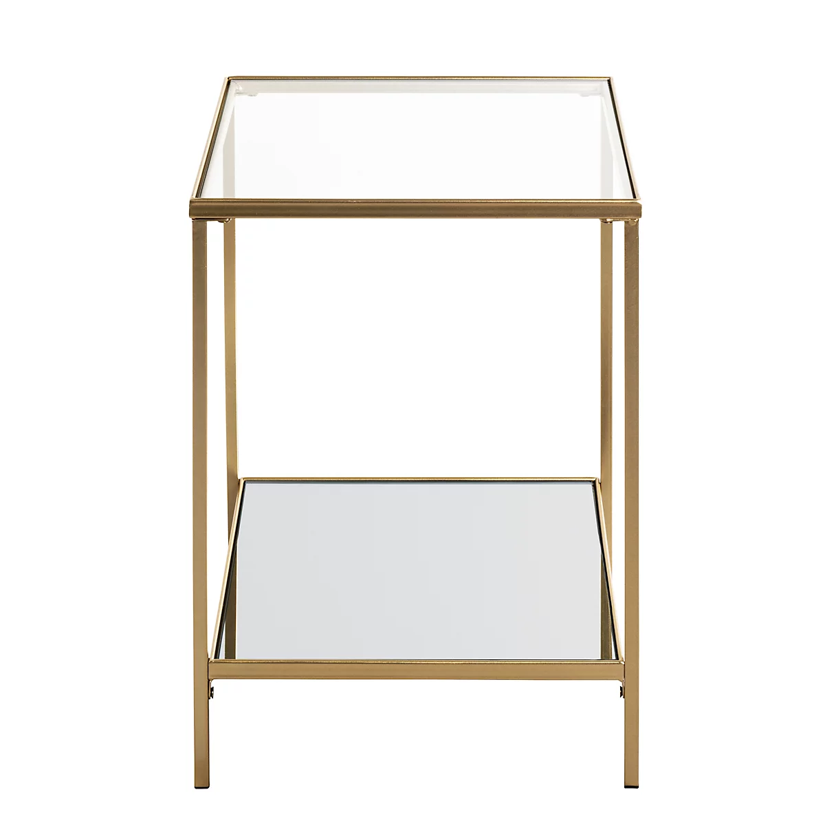Gros plan sur un cadre métallique doré avec des plaques de verre, coin d'un meuble.