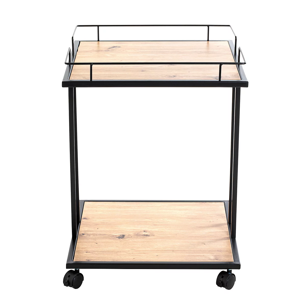 Table d'appoint à deux niveaux, aspect bois. Cadre en métal noir, roulettes.