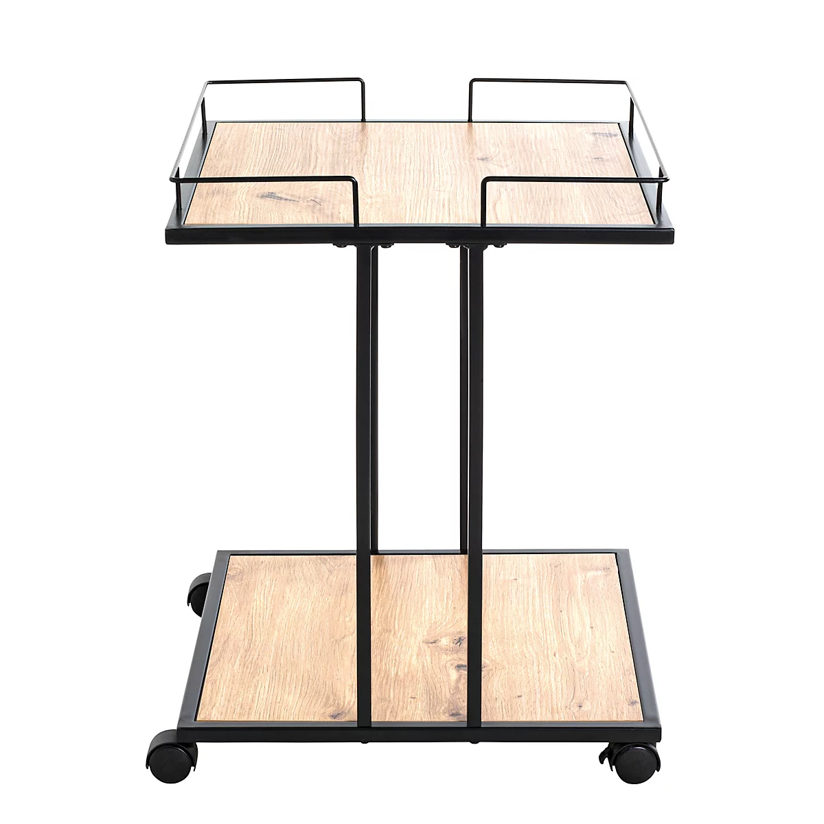 Table d'appoint en métal et bois avec décoration noire. Un casque se trouve sur l'étagère inférieure.