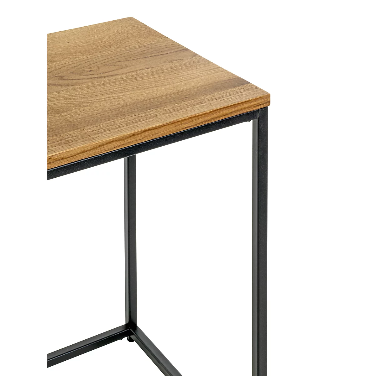 Table en bois avec cadre en métal noir, plan rapproché.