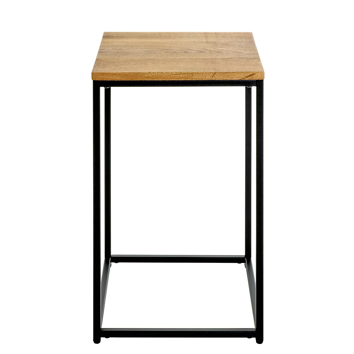 Table d'appoint carrée avec plateau en bois et cadre en métal noir.