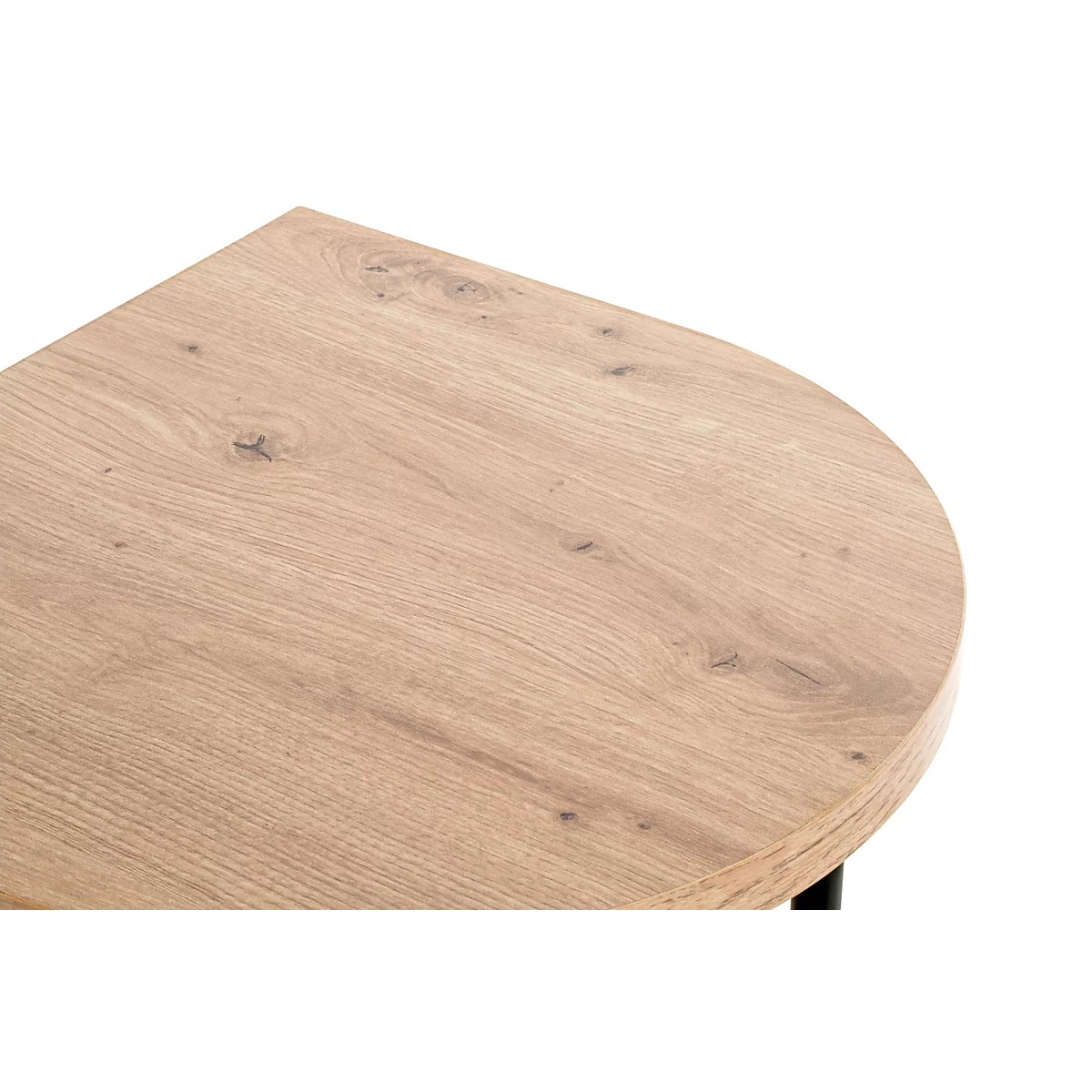 Table d'appoint en bois semi-circulaire avec pieds en métal noir et roulettes.