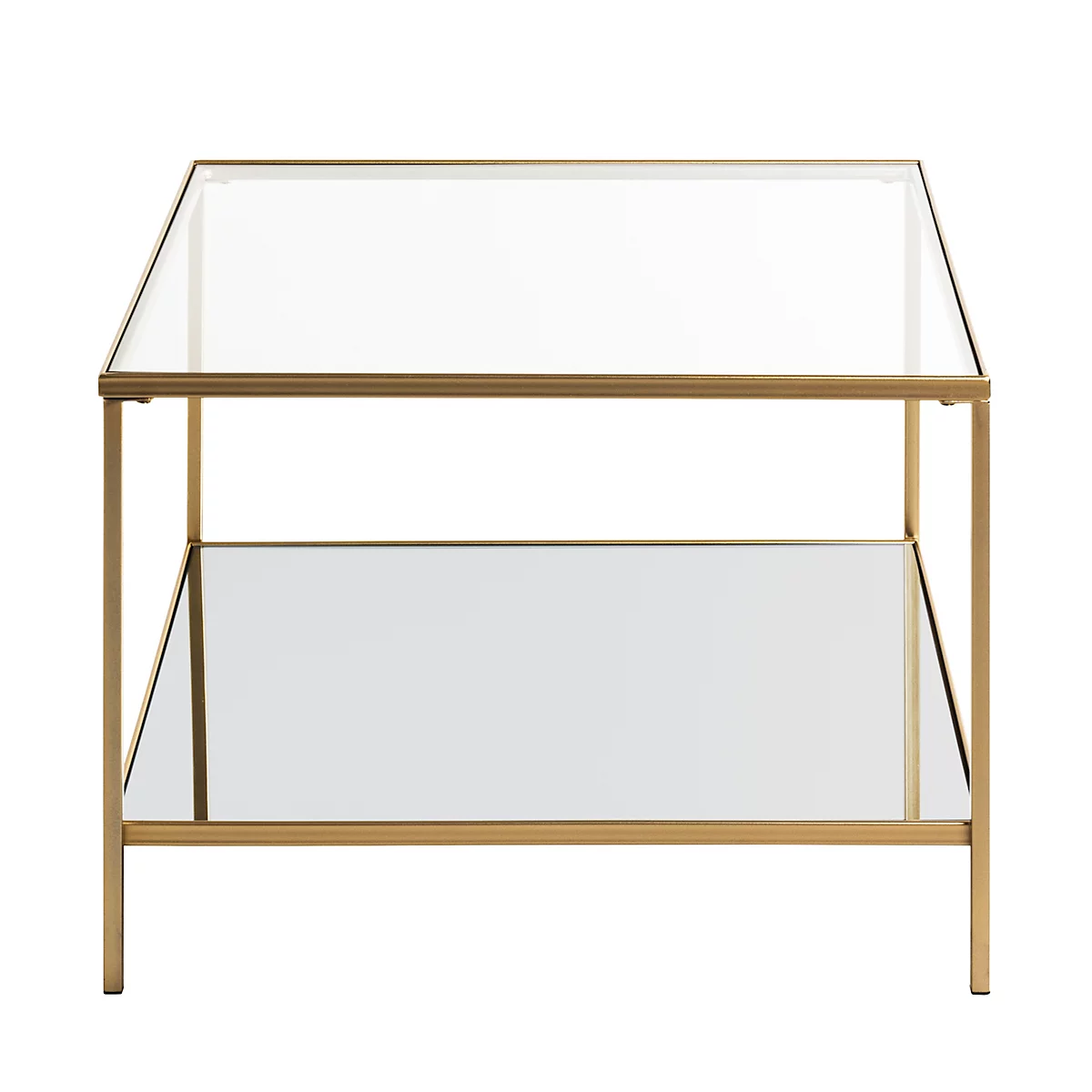 Gros plan d'une vitrine en verre dorée et géométrique. Les éléments en verre réfléchissent la lumière.