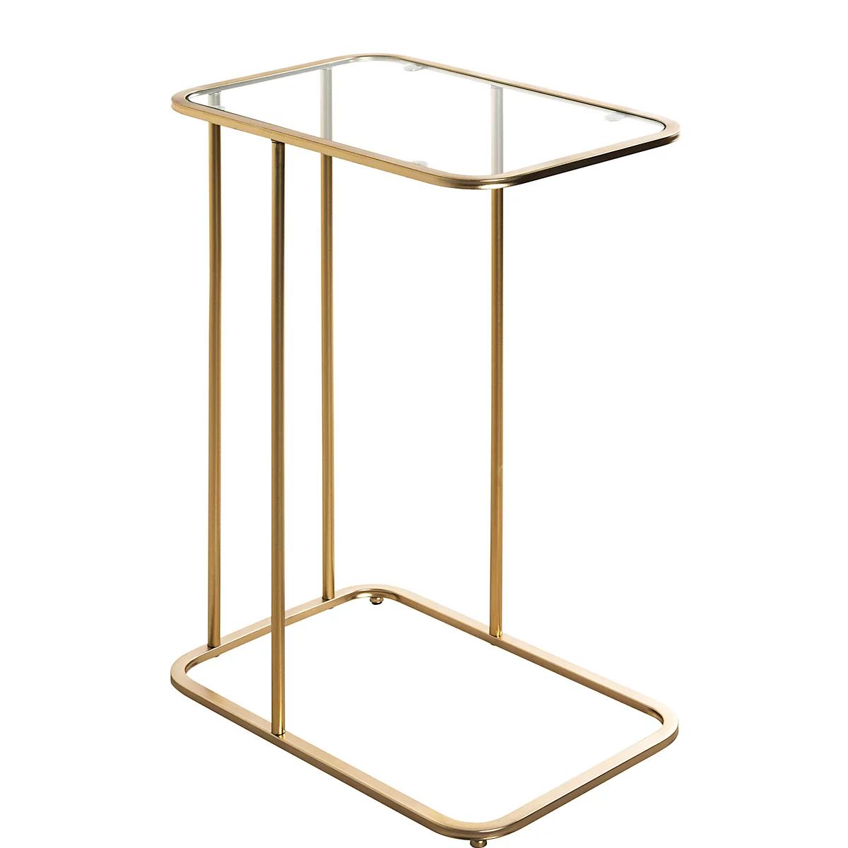 Table d'appoint dorée avec bougeoir à main noir. À côté d'un canapé sombre avec des coussins.