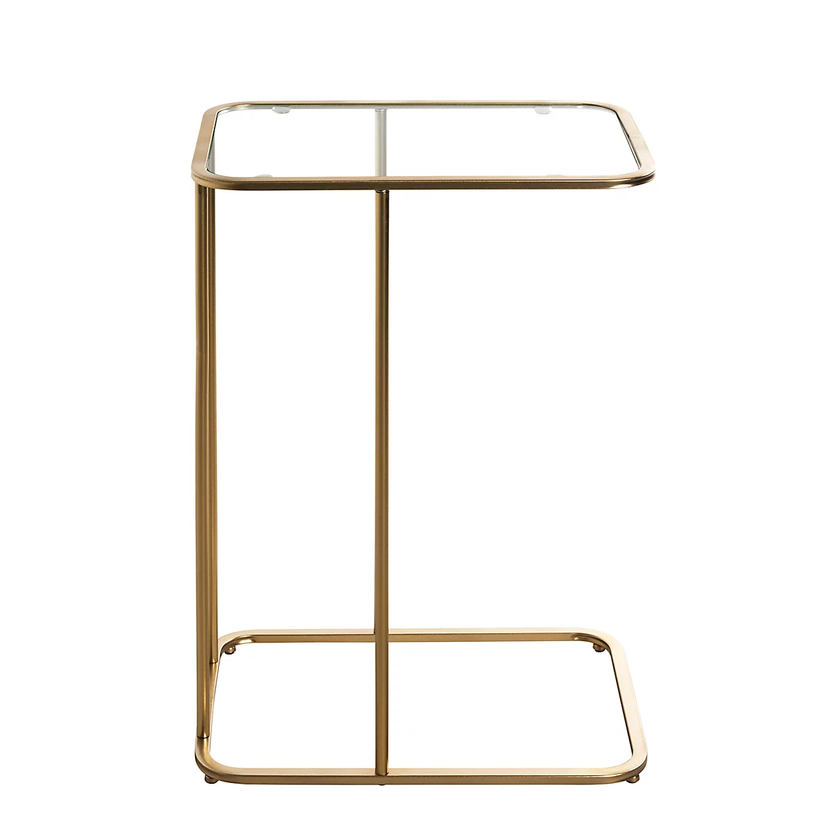 Table d'appoint dorée avec plateau en verre. Les pieds de la table sont rectangulaires et ont des coins arrondis. La table est posée sur un fond blanc.