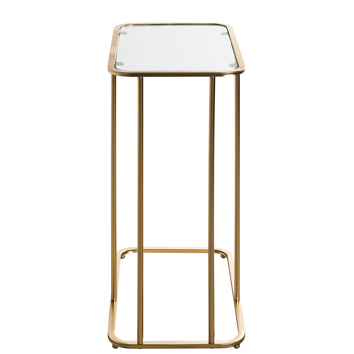Table d'appoint dorée avec plateau en verre rectangulaire. Pieds en métal fins, coins arrondis. Design minimaliste, isolé.