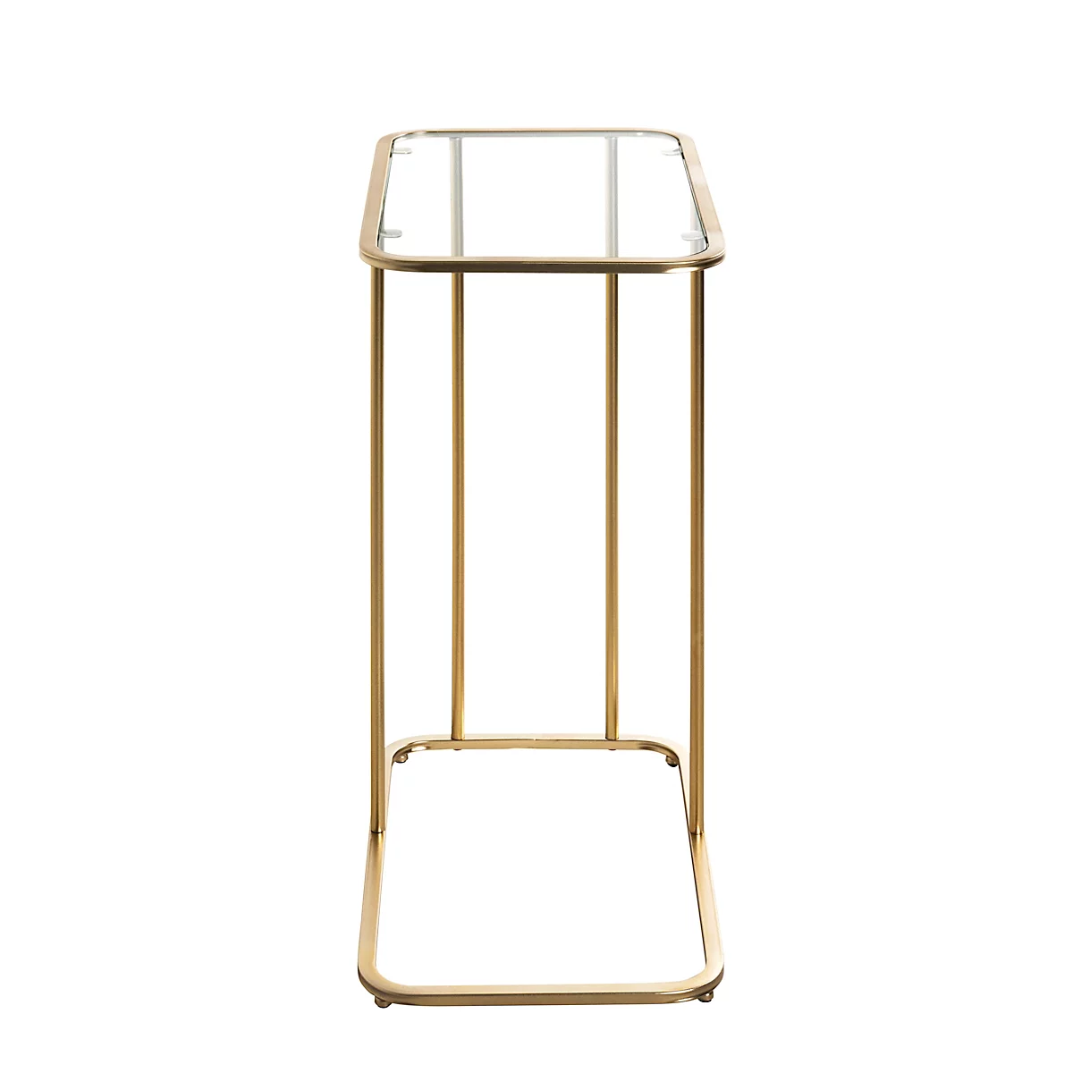 Table d'appoint avec un plateau en verre carré et un cadre en métal doré.