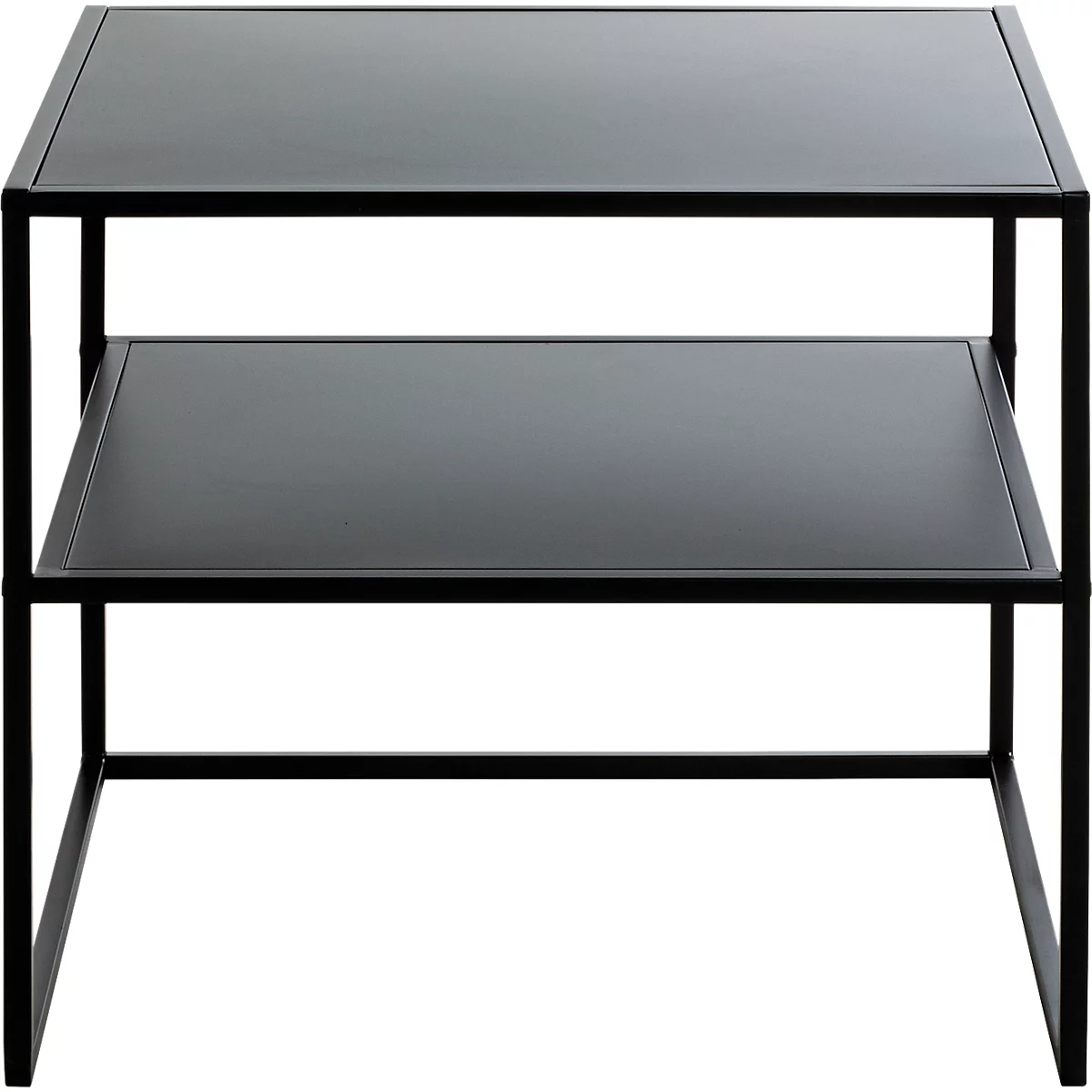 Table d'appoint noire à deux niveaux. Le cadre et les étagères sont noirs.