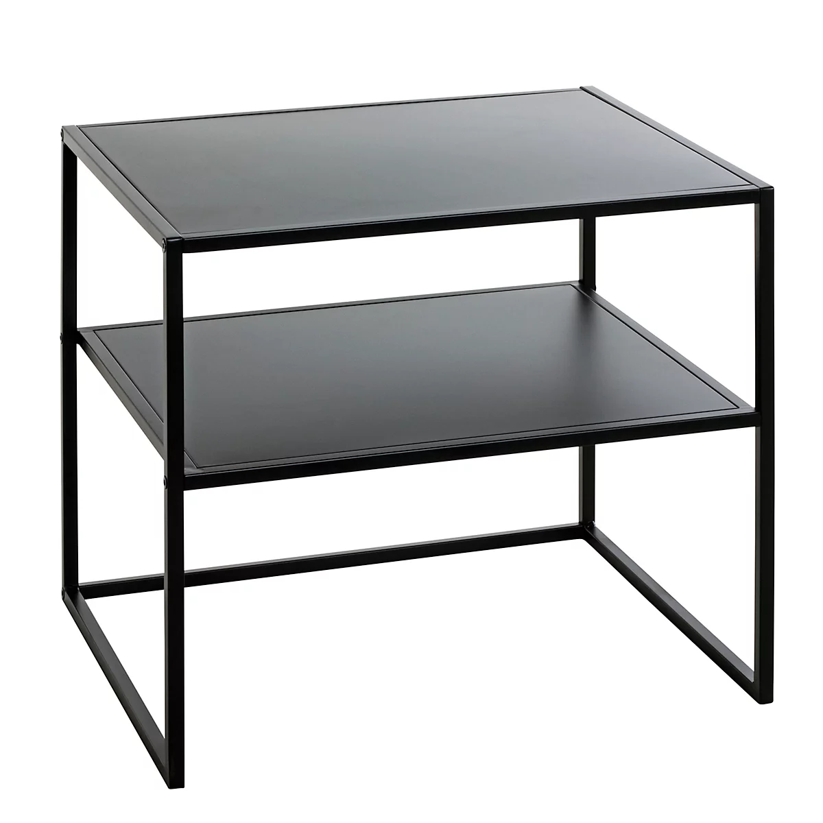 Table d'appoint noire à deux niveaux, cadre en métal et forme carrée.