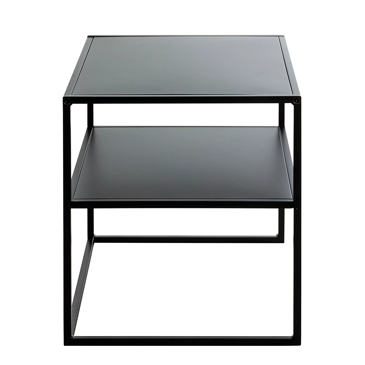 Table d'appoint noire à deux niveaux. Forme rectangulaire avec cadre en métal.