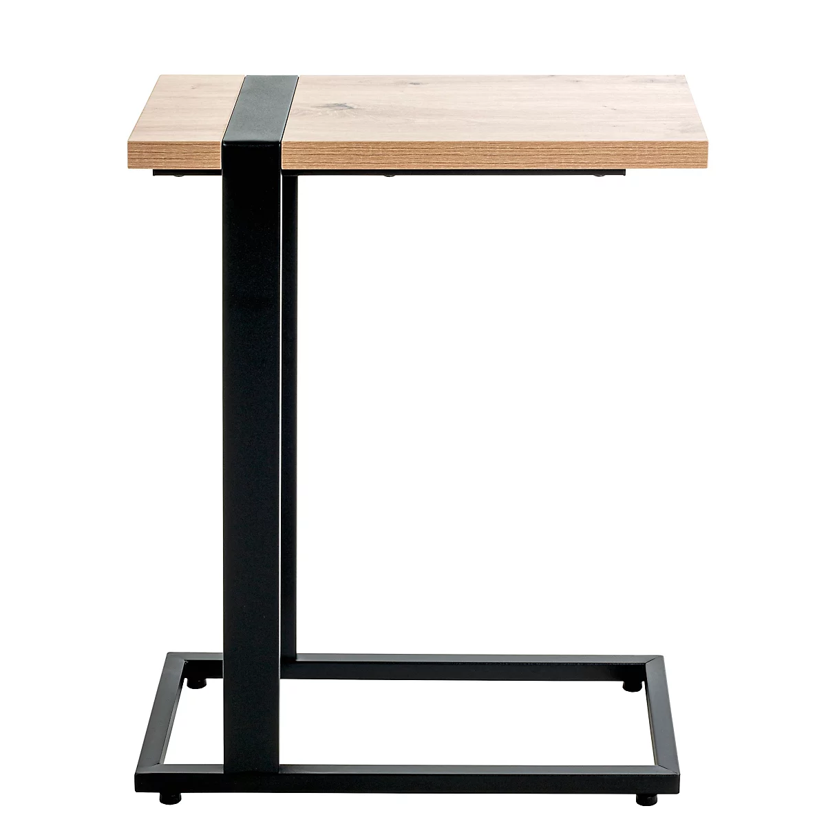 Table d'appoint avec plateau en bois et cadre en métal noir. Le plateau en bois a une bande noire.