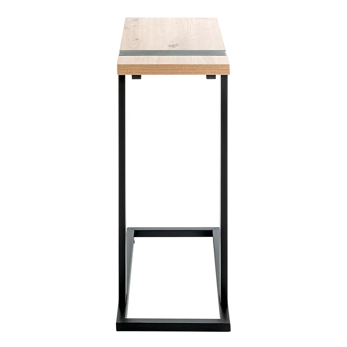 Table d'appoint avec plateau rectangulaire en bois, cadre noir. Le plateau en bois a une bande foncée. Sur fond clair.