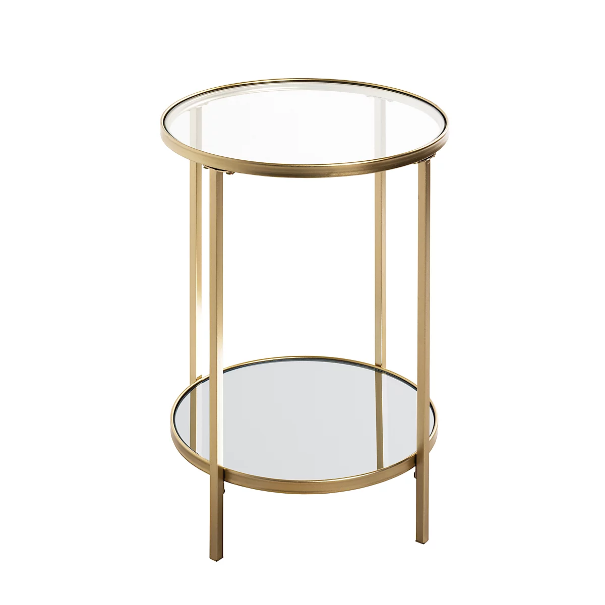 Table d'appoint dorée avec deux plateaux en verre ronds et un cadre en métal. Diamètre 39 cm, hauteur 55 cm.