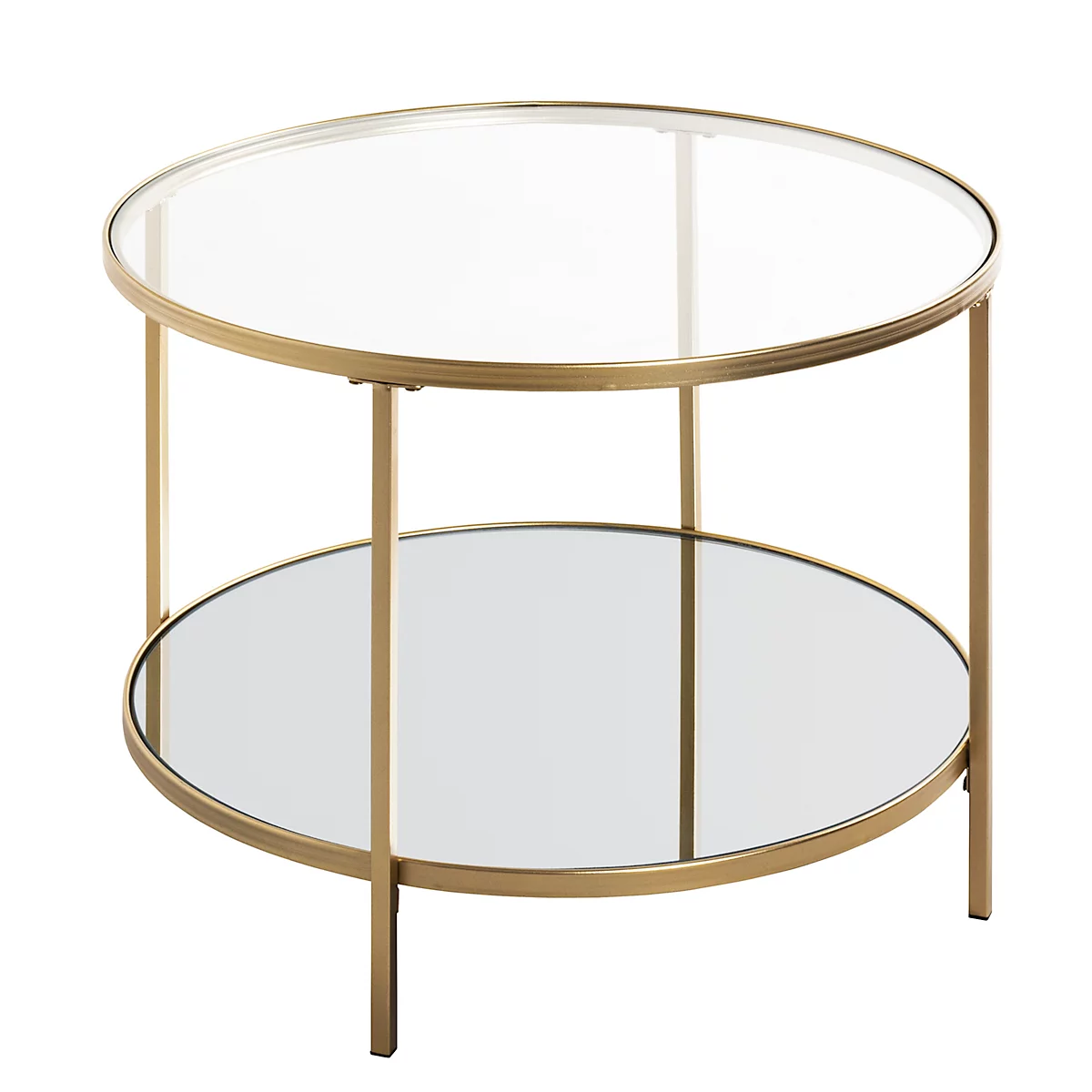 Table d'appoint ronde avec deux étagères en verre et un cadre en métal doré.