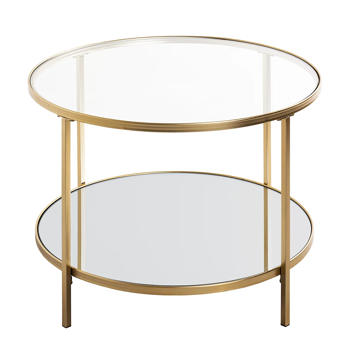 Table d'appoint dorée avec deux étagères rondes en verre. Les pieds sont également de couleur dorée.