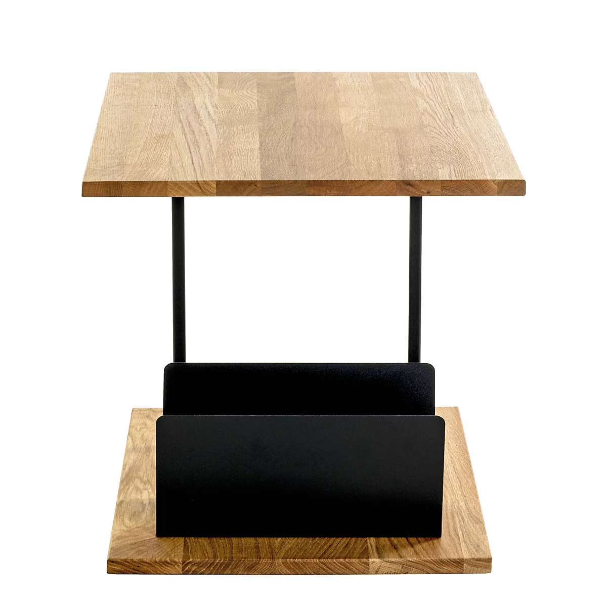 Table d'appoint avec plateau carré en bois et pieds noirs, magazine dans un compartiment, boule blanche à motifs floraux.
