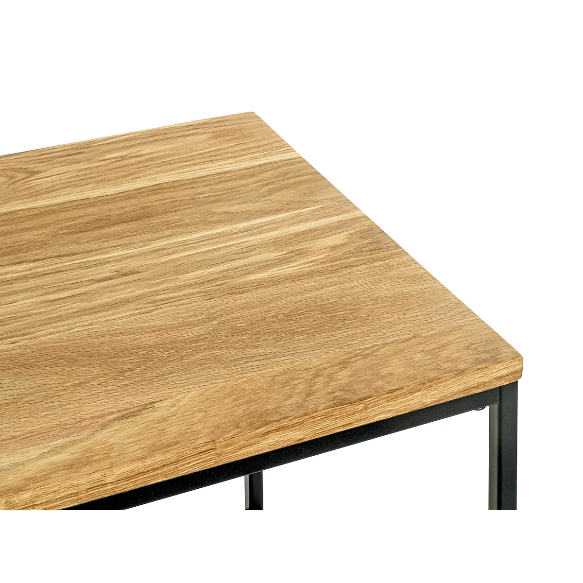 Table d'appoint carrée avec plateau en bois, cadre en métal noir et dimensions.