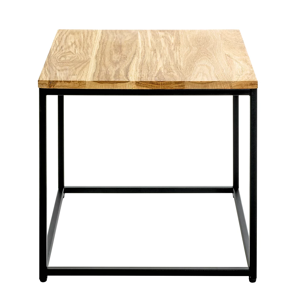 Table d'appoint carrée en bois avec un cadre en métal noir. Le plateau est brun clair, le cadre noir.