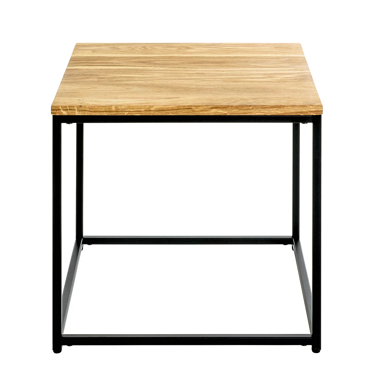 Table d'appoint carrée en bois avec cadre en métal noir.