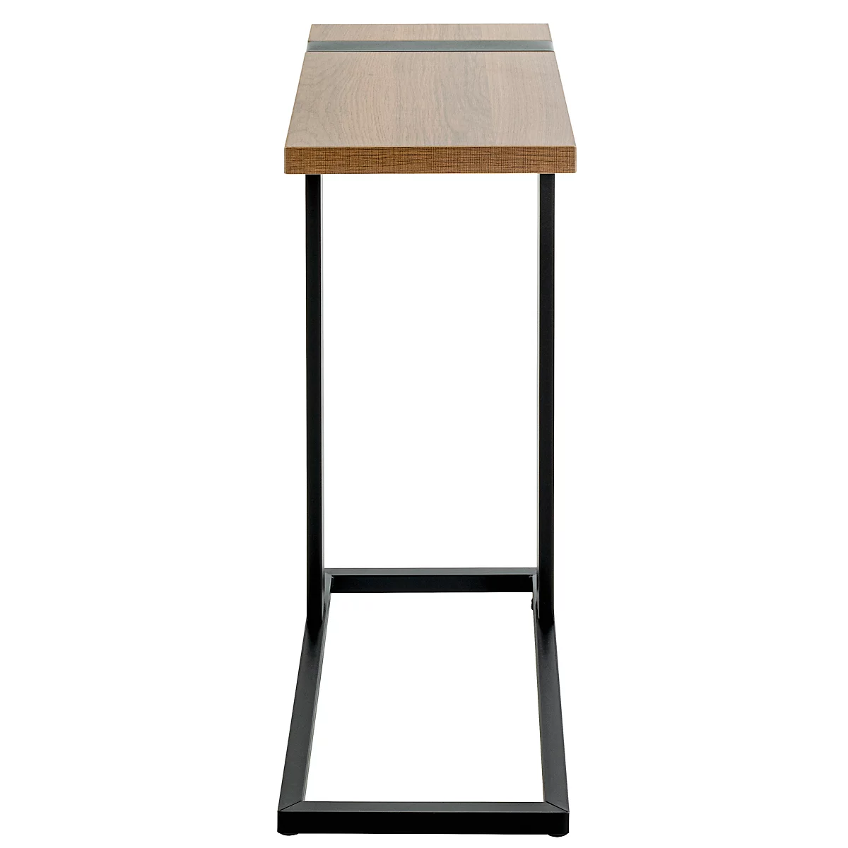 Table d'appoint en bois avec cadre en métal noir. Plateau en bois, rectangulaire, avec une bande sombre. Cadre en métal en forme de U.