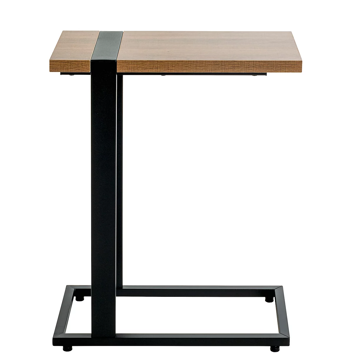 Table d'appoint avec plateau en bois et cadre en métal noir.