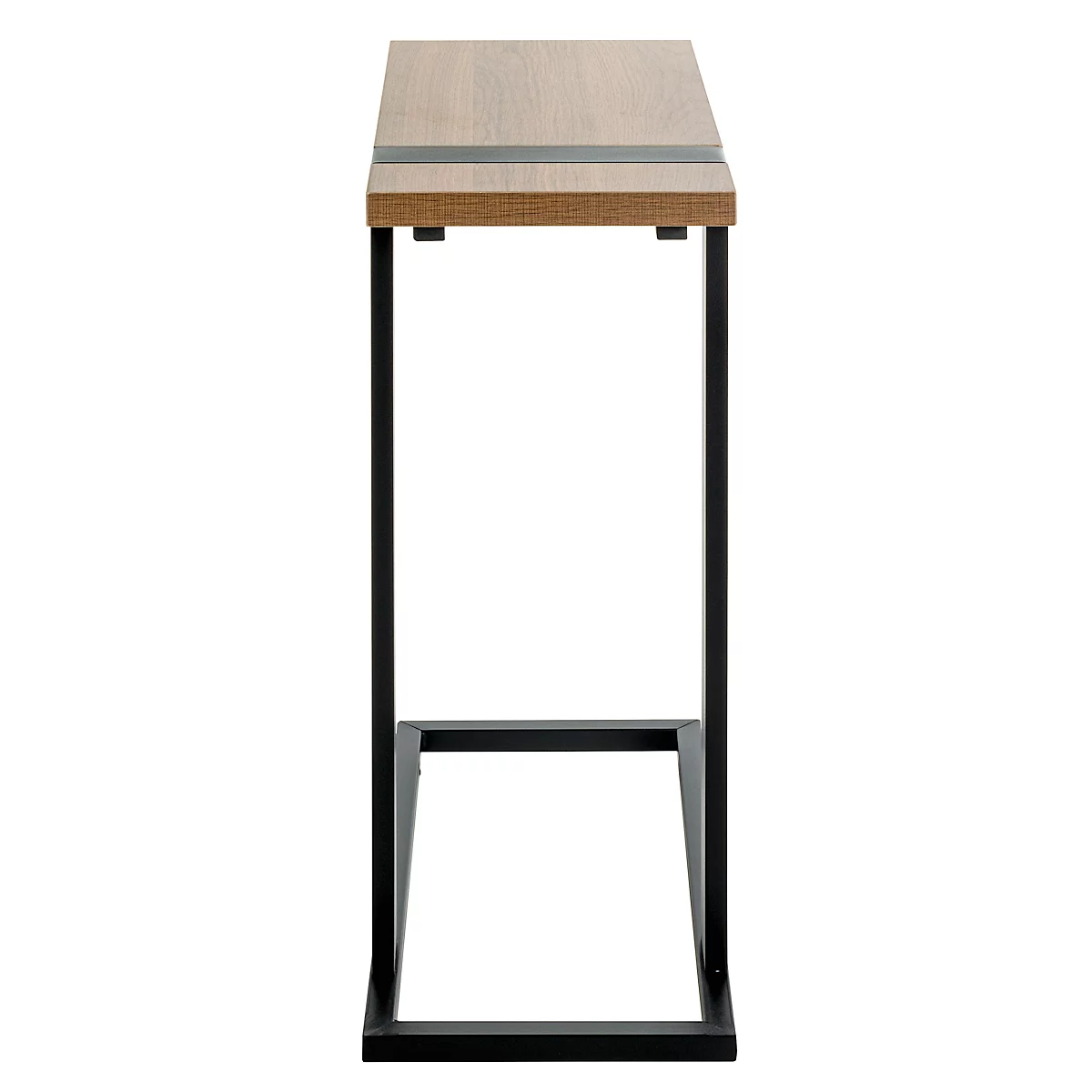 Petite table d'appoint avec plateau en bois et pieds en métal noir.