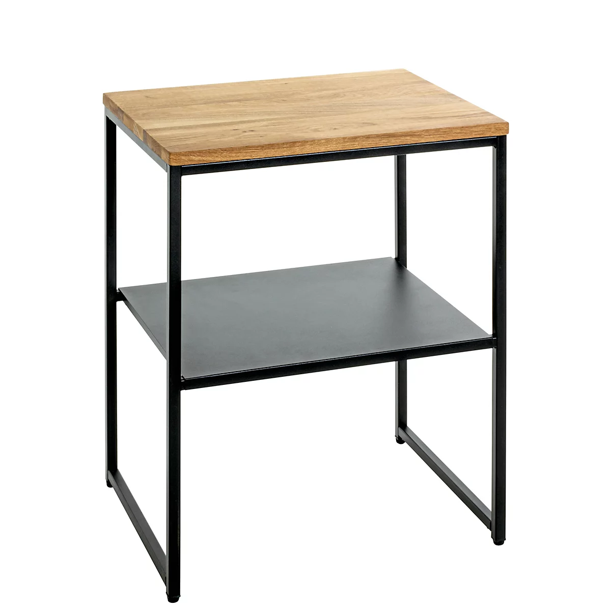 Table d'appoint carrée avec plateau en bois et étagère en métal, cadre noir.
