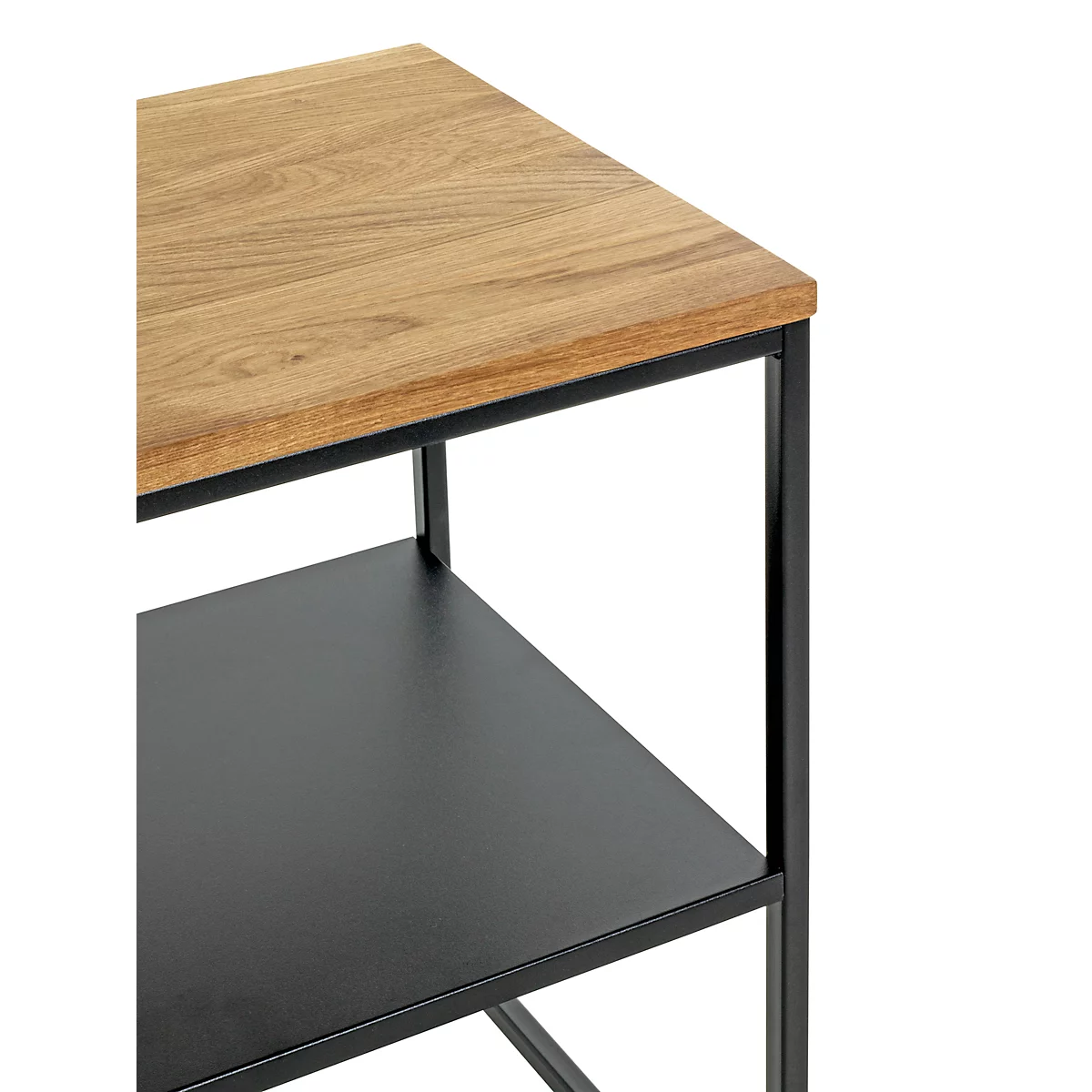 Table d'appoint avec plateau en bois et structure en métal noir. Une autre étagère en dessous.