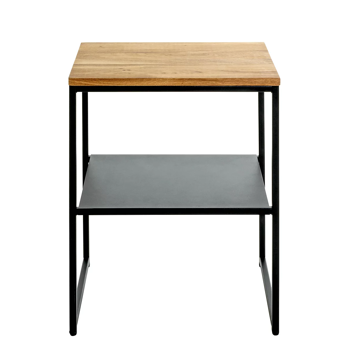 Table d'appoint avec plateau en bois et cadre en métal noir. Il y a une étagère au niveau inférieur.
