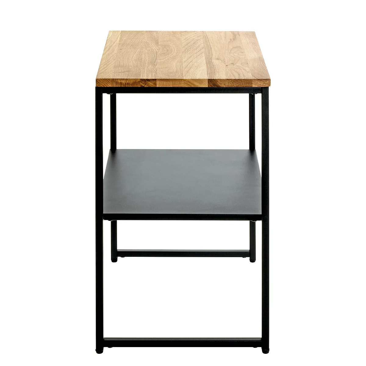 Petite table d'appoint, plateau en bois sur structure en métal noir. Une étagère est située en dessous.