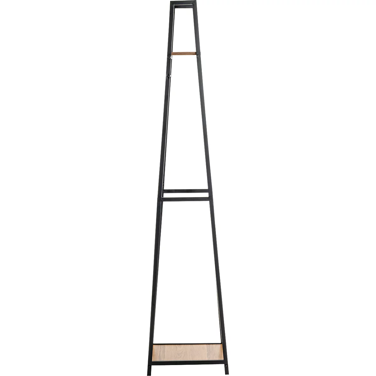 Zwarte kapstok, A-vormig met houten plank. Twee horizontale staven voor bevestiging.