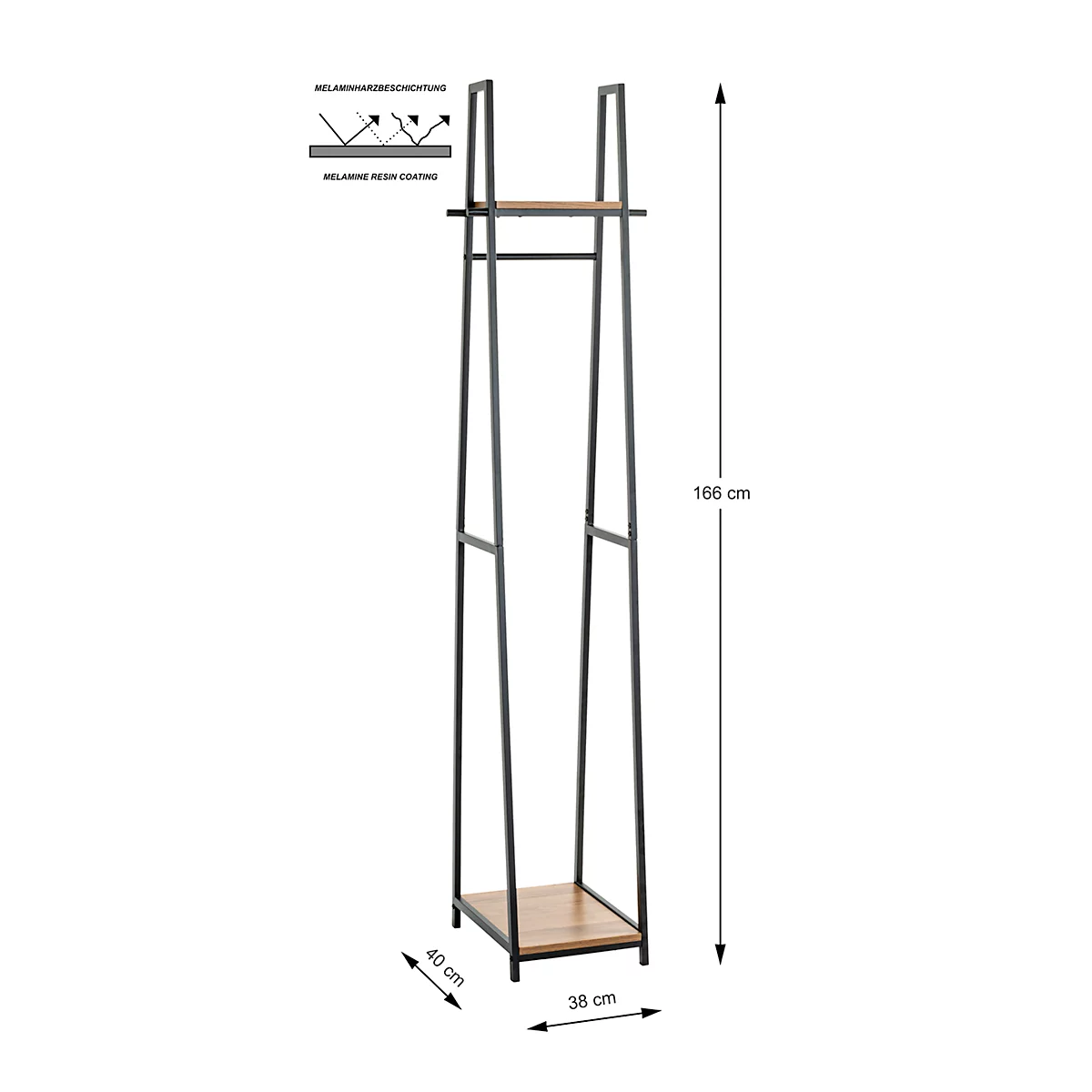 Zwart kledingrek met houten vloeren en afmetingen.