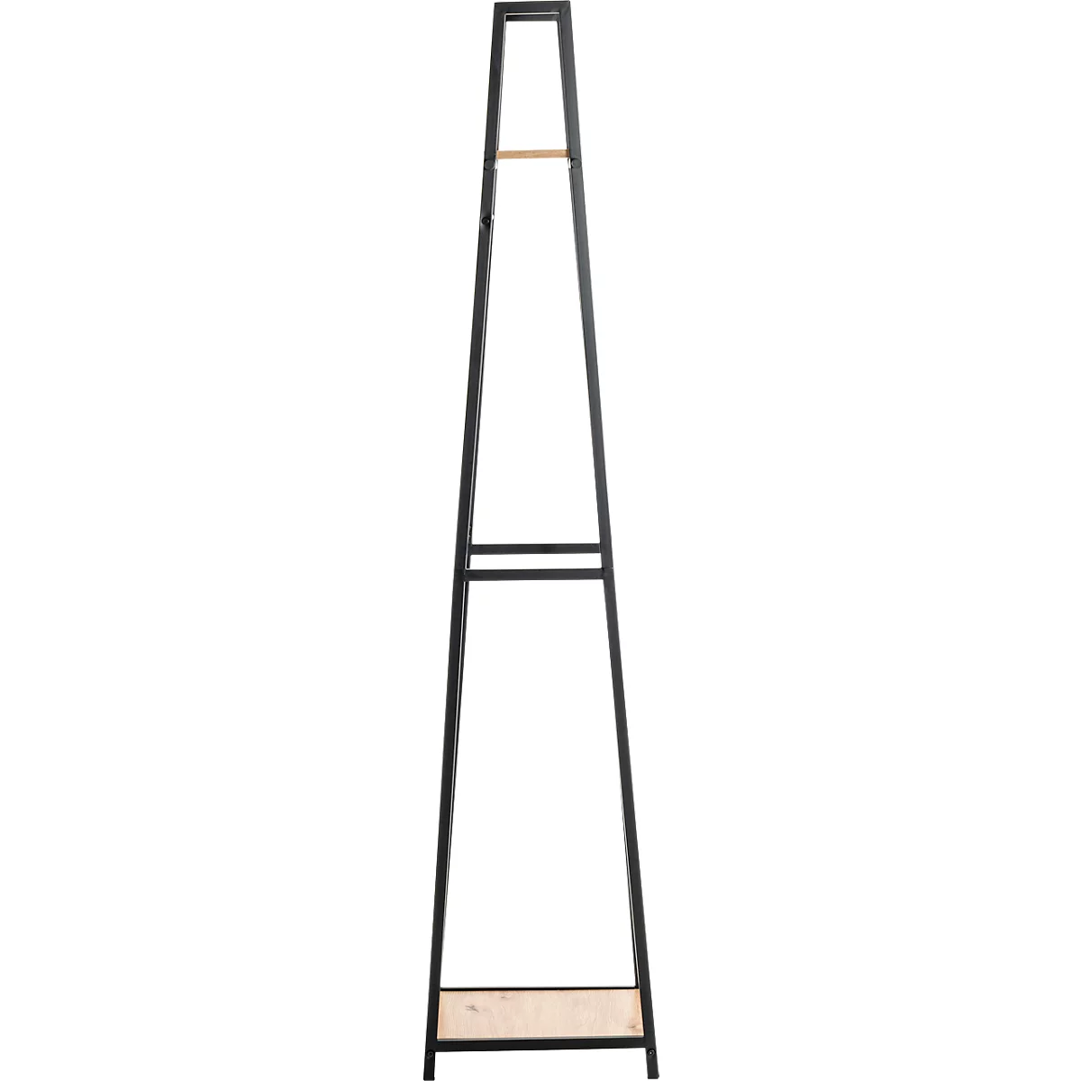 Zwart kledingrek met houten vloeren en stang, tegen een witte achtergrond.